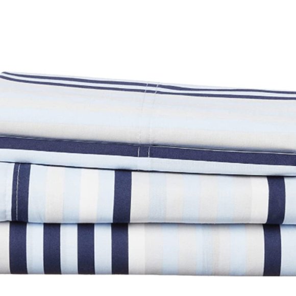 Queen 100% Cotton Percale Sheet Set in Bold Ocean Stripe 4-Piece Hilfiger Sheet - Picture 3 of 5